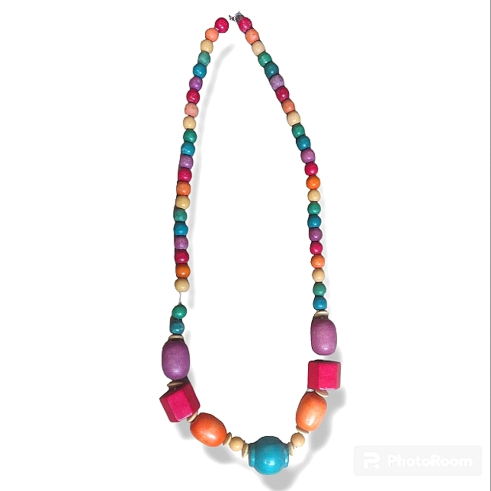 Women's Long Vintage Multicolor Geometric Beaded Wood Necklace